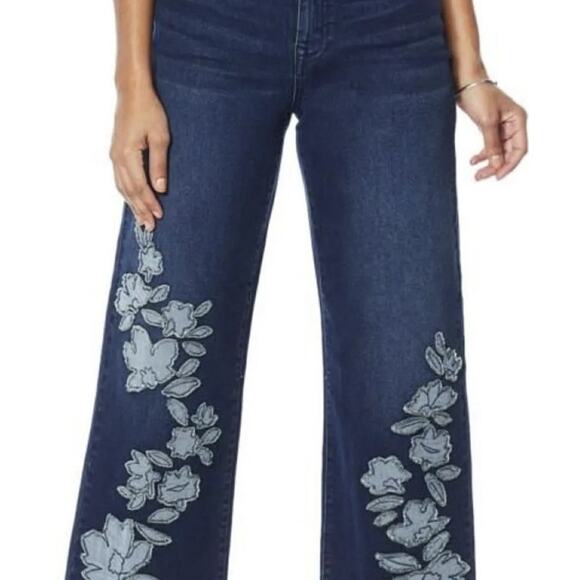 Diane Gilman Embroidered Frayed Wide Leg Jean Indigo 6 Tall Women - Picture 1 of 3